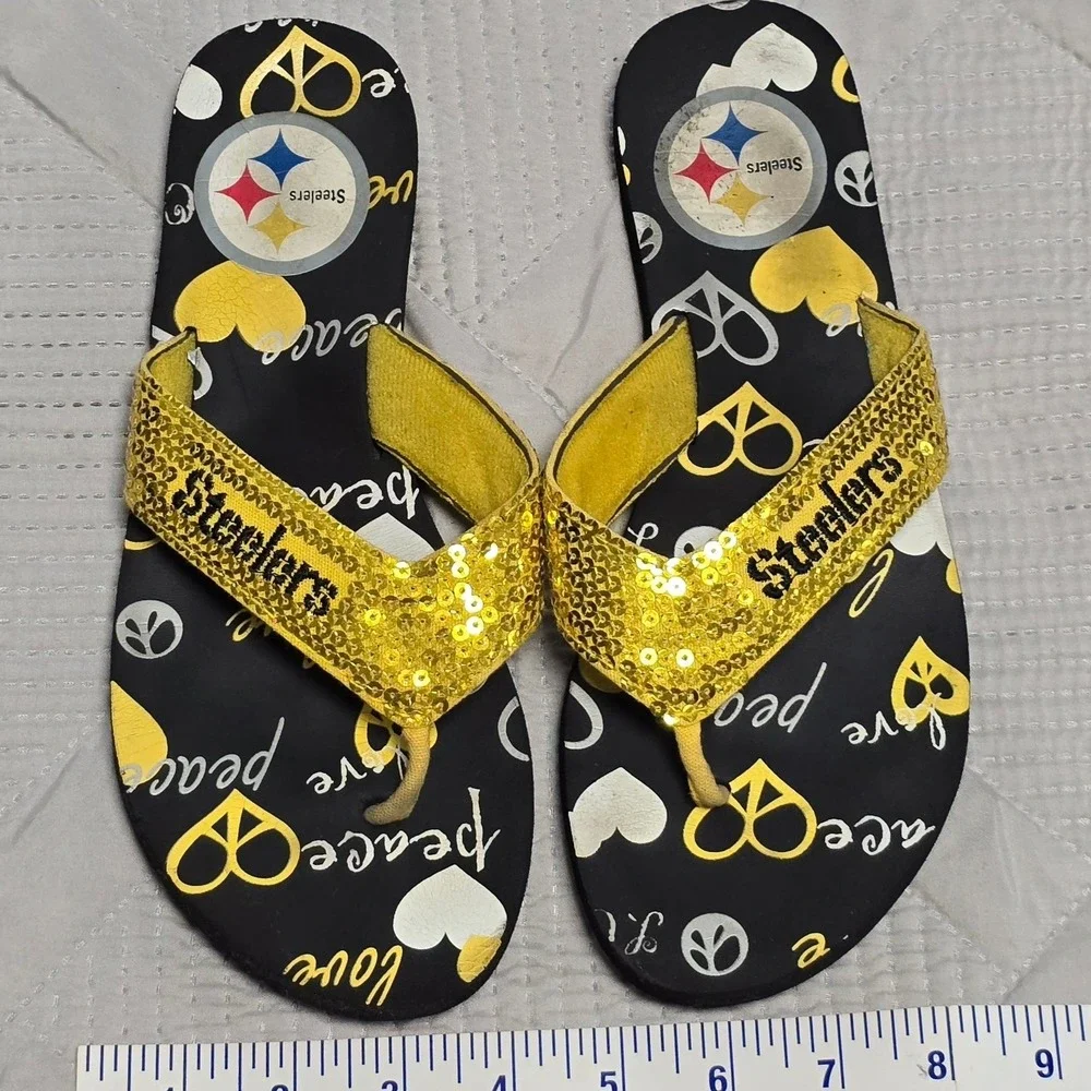 Pittsburgh‎ Steelers Womens M Flip Flops Shoes  Sparkle Sequin Peace Love